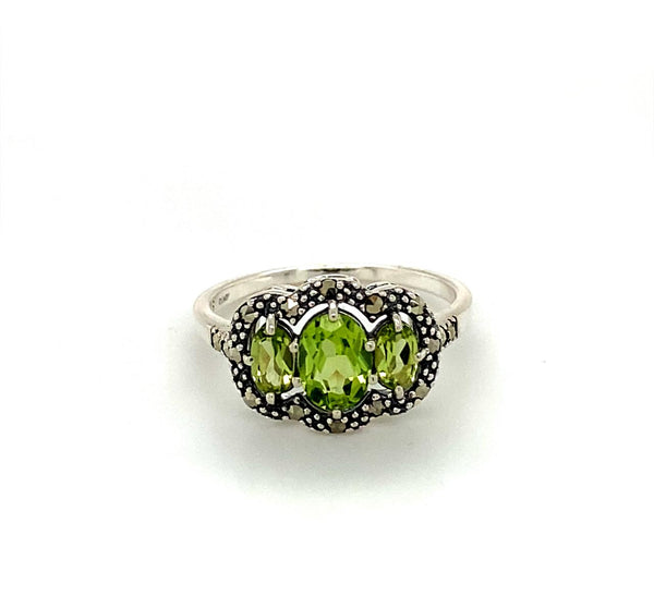 Sterling Silver Peridot and Marcasite Ring