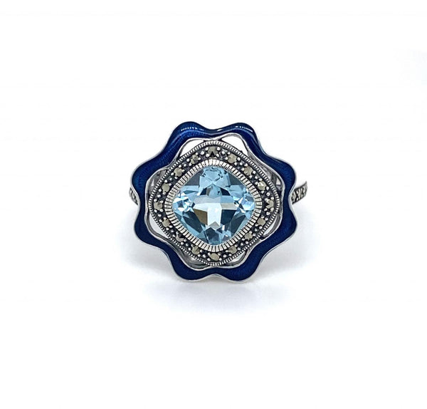 Sterling Silver Marcasite Blue Topaz And Blue Enamel Ring