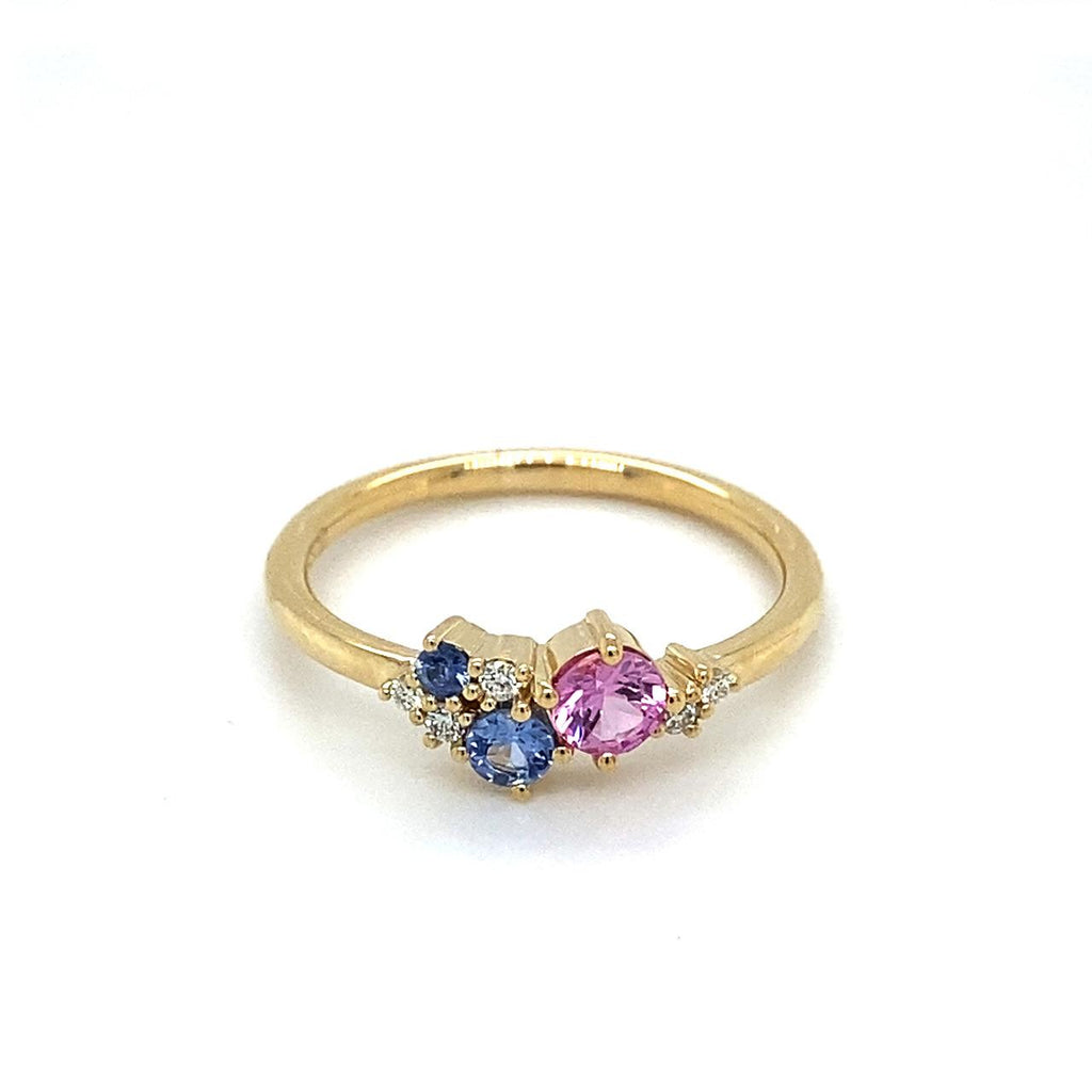 9ct Yellow Gold, Ceylon, Pink Sapphire and Diamond Ring Size O