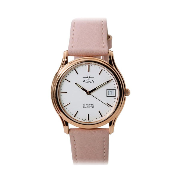 Ladies Adina Rose gold colour rim with white dial, pink leather band 