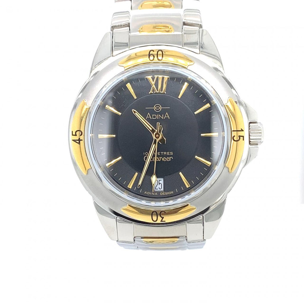 Gents Adina Oceaneer Watch Two Tone Band Black Face