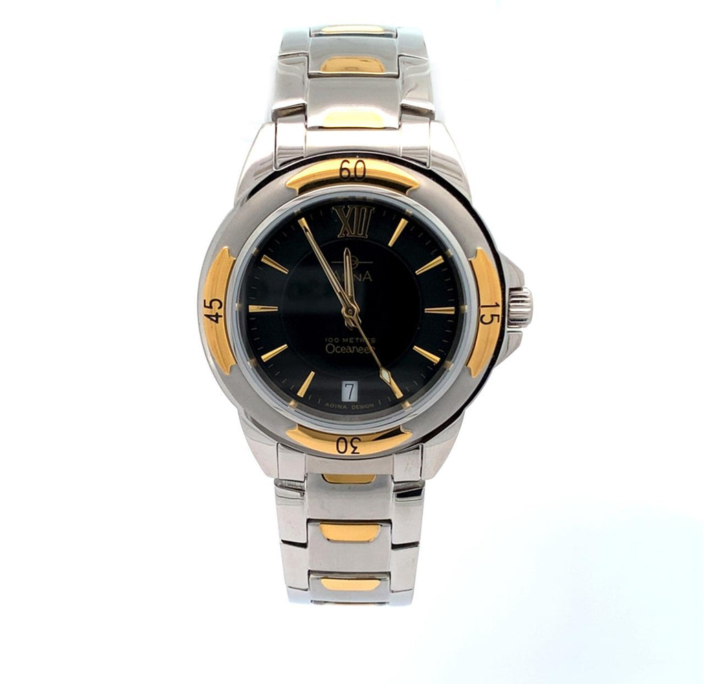 Gents Adina Oceaneer Watch Two Tone Band Black Face