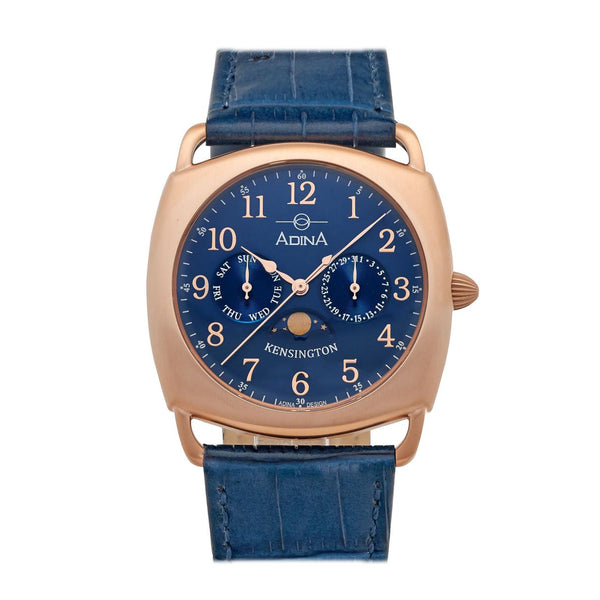 Adina Gents Blue Dial Moonphase watch with rose gold colour bezel and blue leather band 