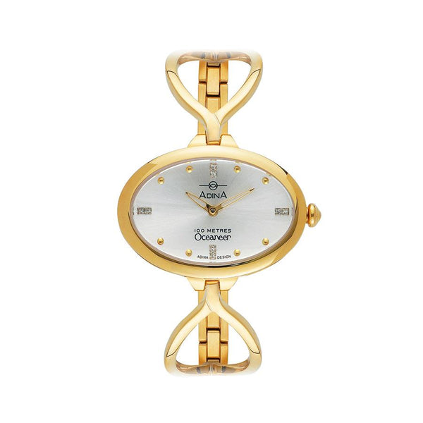 Ladies large oval dial gold colour dress watch with white dial 