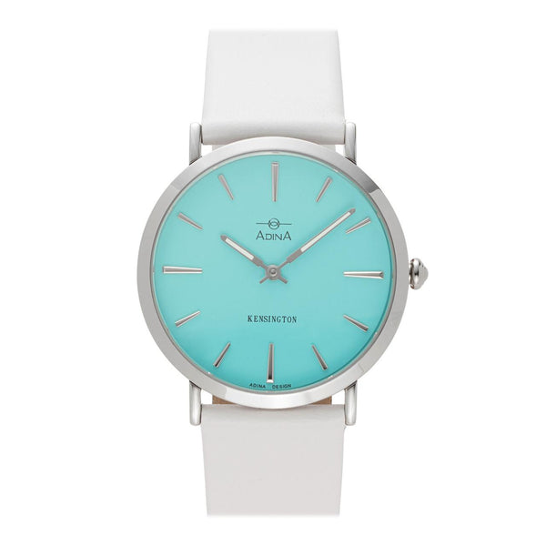 Ladies Adina Kensington Aqua Dial White Leather Band Watch 