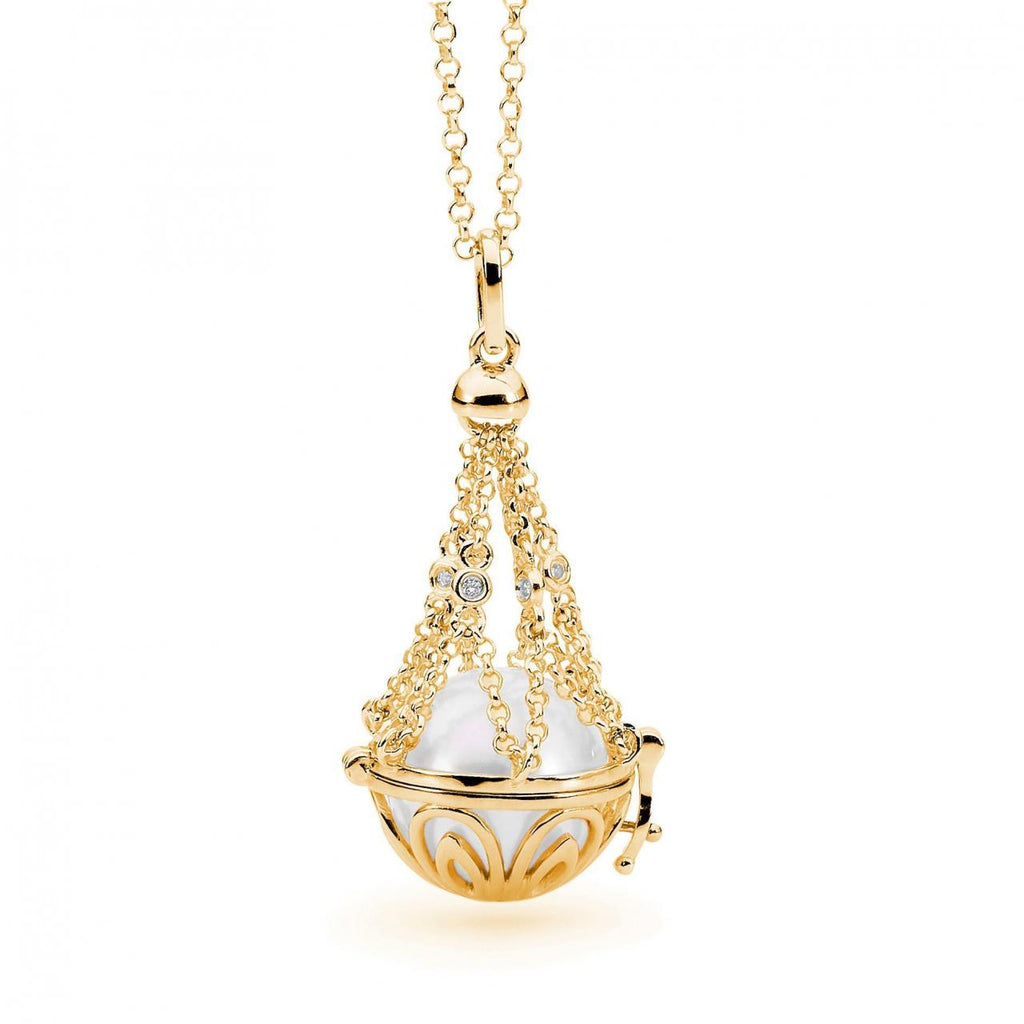 9ct Yellow Gold necklace with diamond and South Sea Pearl in delicate chain cage