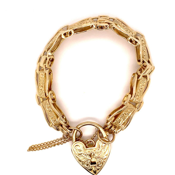  	9ct Yellow Gold Antique Design Engraved Bracelet With Padlock