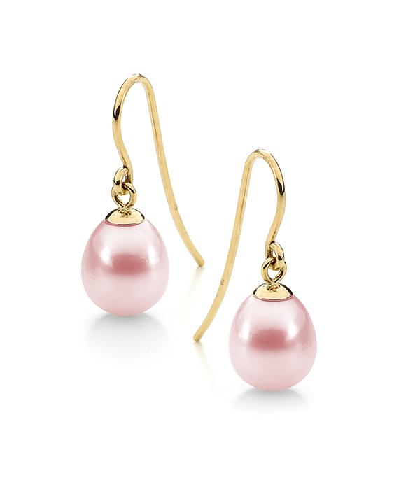 9ct Yellow Gold 7.5-8mm Pink Freshwater Drop Pearls on Shepherds Hooks