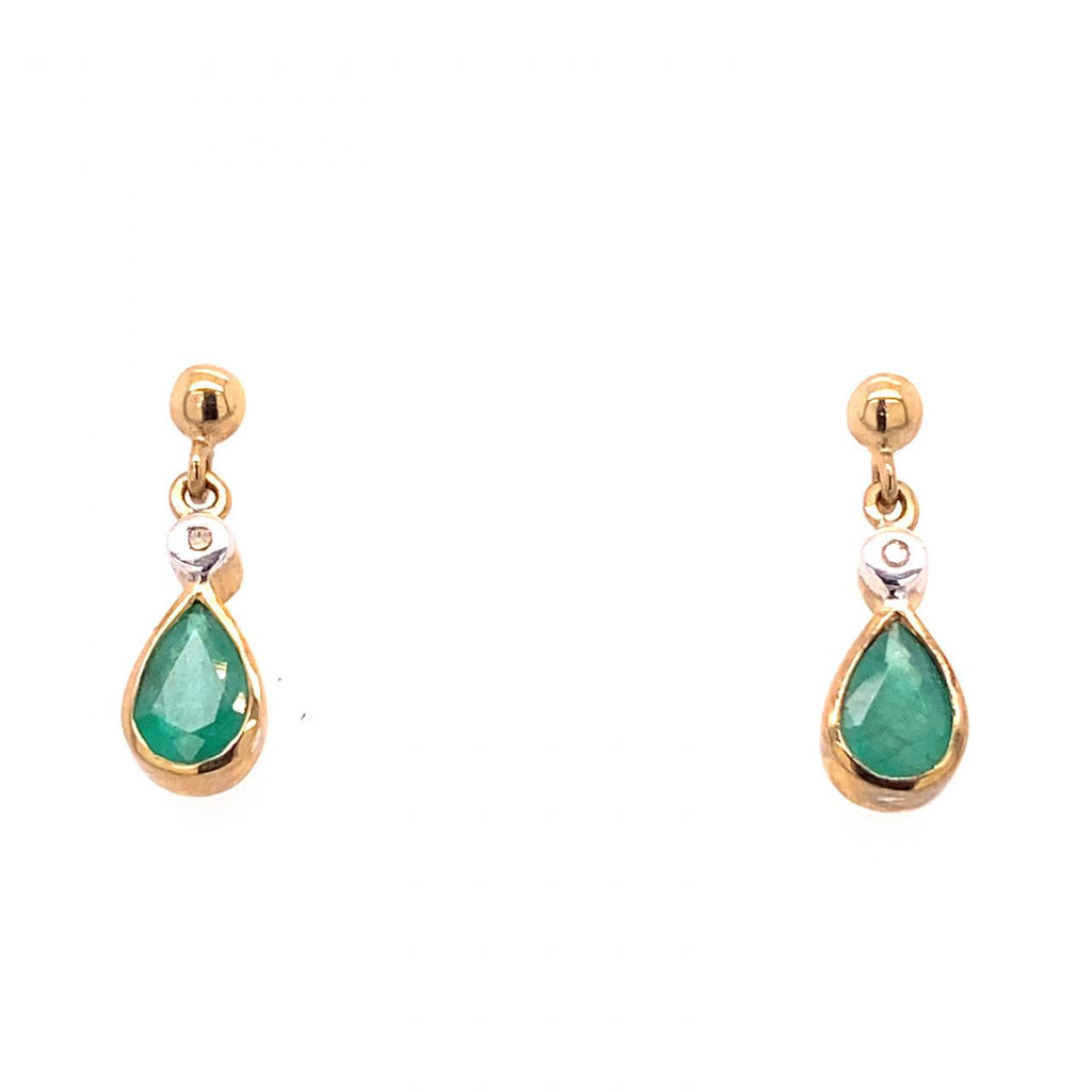 9ct Yellow Gold Natural Emerald And Diamond Drop Earrings