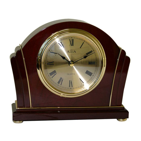 Adina Mahogany Redwood Mantel Clock with soft gold colour dial and gold colour trim