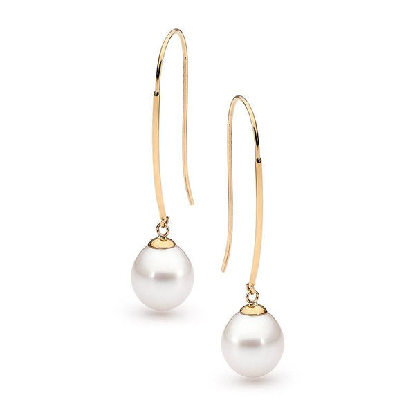  	9ct Yellow Gold White Freshwater Pearl Drop Earrings