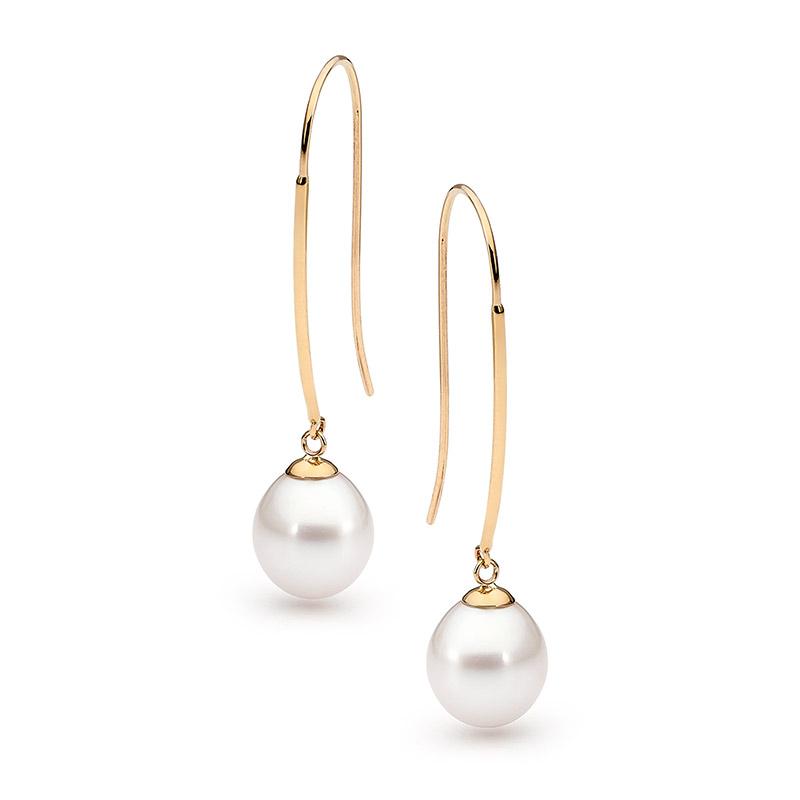  	9ct Yellow Gold White Freshwater Pearl Drop Earrings