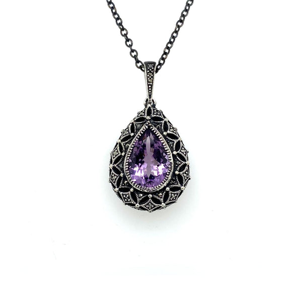 Sterling Silver Teardrop Amethyst And Marcasite Necklet