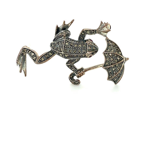 Sterling Silver Marcasite Frog Brooch With Ruby Eyes