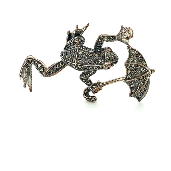 Sterling Silver Marcasite Frog Brooch With Ruby Eyes