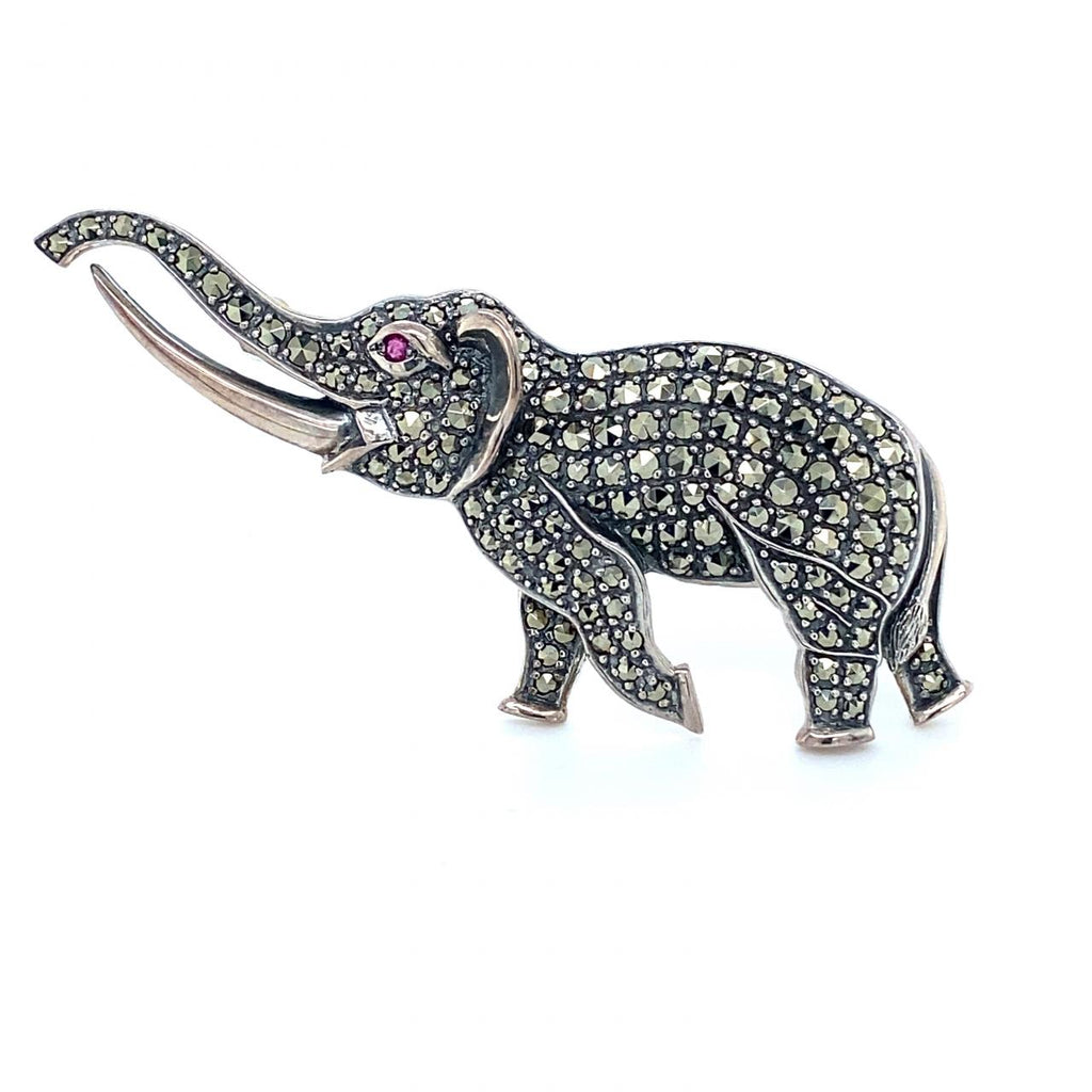  	Sterling Silver Marcasite Elephant Brooch With Ruby Eyes 