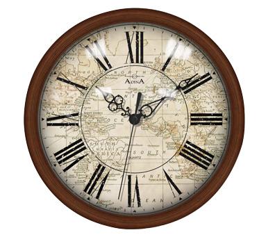 Timber Adina wall clock with map of the world dial/roman numerals