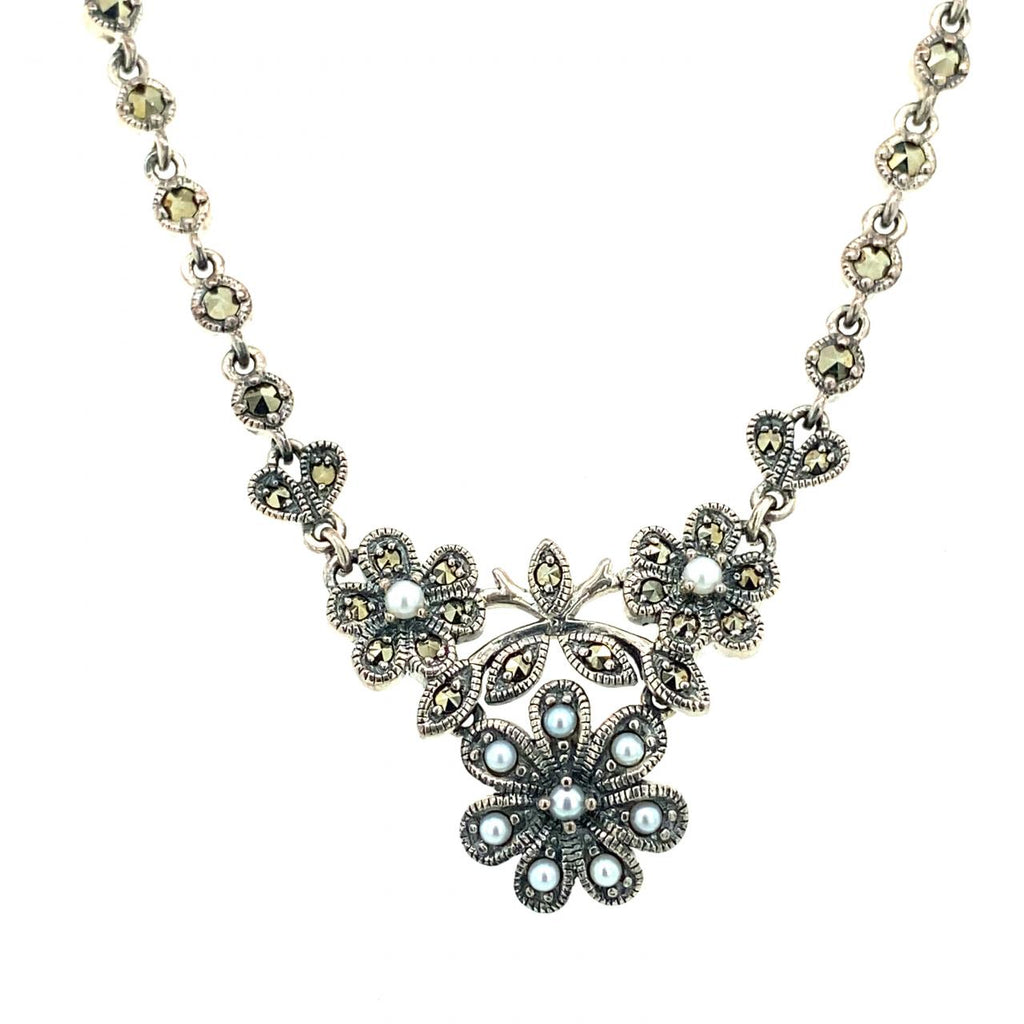 Sterling Silver Flower Design Marcasite And Seed Pearl Necklace