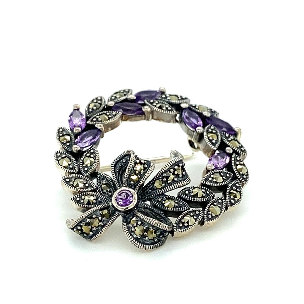  	Sterling Silver Marcasite Wreath Brooch With Amethyst