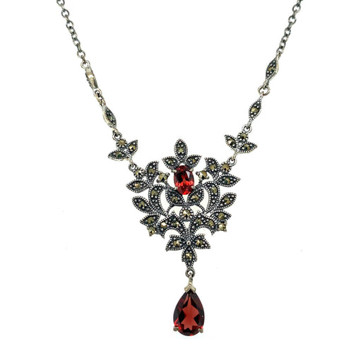  	Sterling Silver Marcasite And Garnet Necklet 