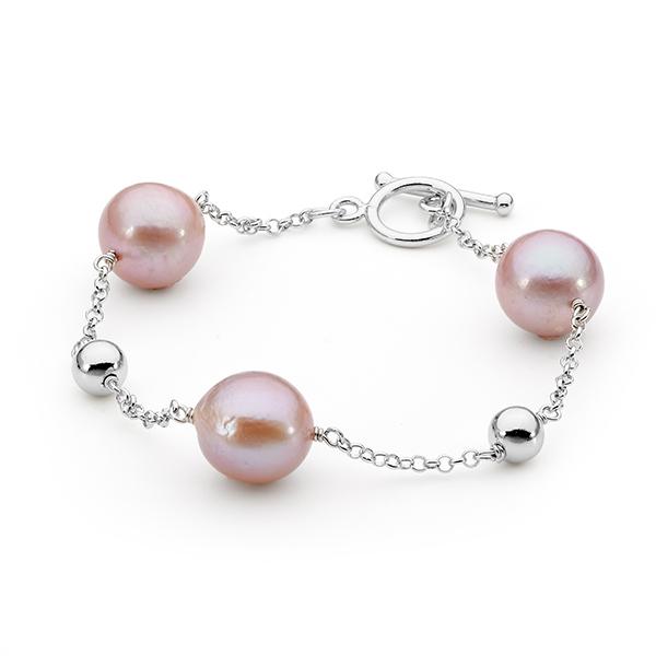 Sterling Silver Pink Round Freshwater Pearl Bracelet