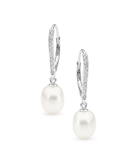 Sterling Silver White Freshwater Pearl and Cubic Zirconia Earrings