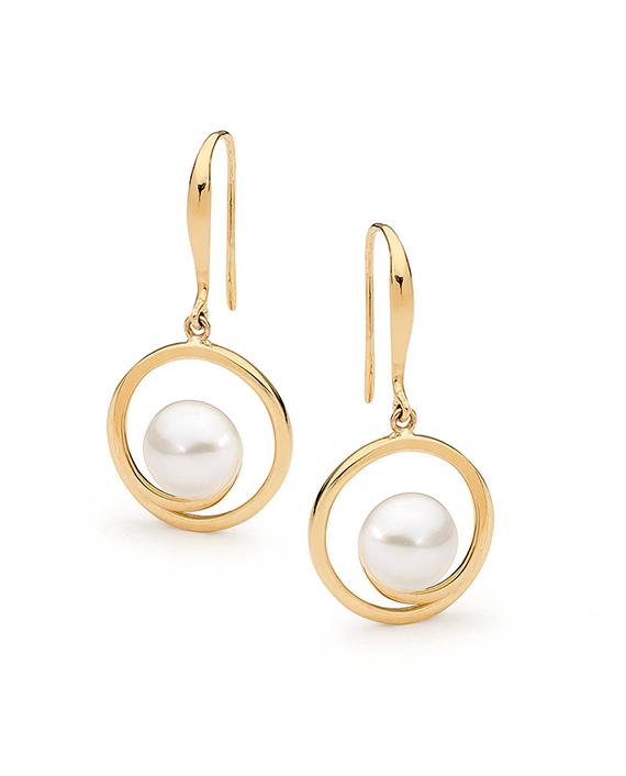 9ct Yellow Gold Button White Freshwater Pearl Hook Earrings