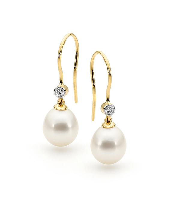 9ct Yellow Gold White Drop Freshwater Pearl and Diamond Hook Earrings