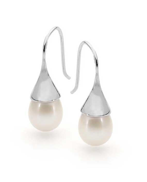 Sterling Silver White Freshwater Pearl Drop Hook Earrings