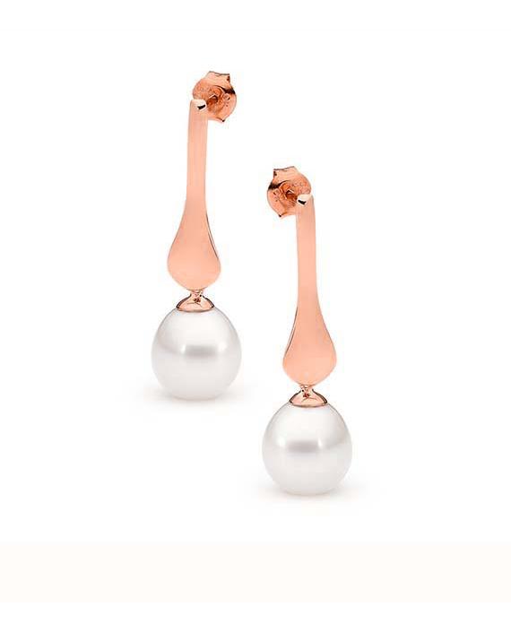 9ct Rose Gold White Freshwater Pearl long drop Stud Earrings