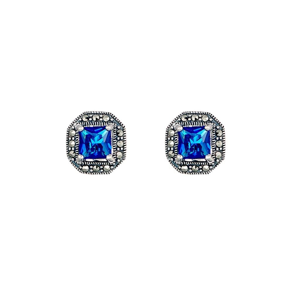 Sterling silver Marcasite Stud Earrings With Blue Stones