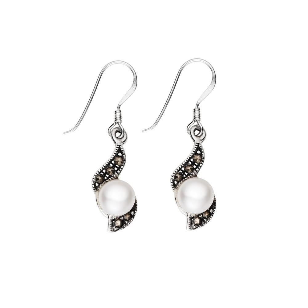 Sterling Silver Marcasite Pearl Drop Earrings