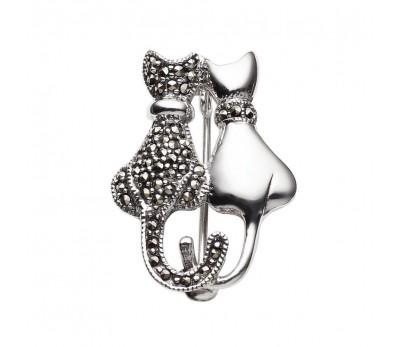Sterling Silver Double Marcasite Sitting Cat Brooch, 31mm x 20mm 
