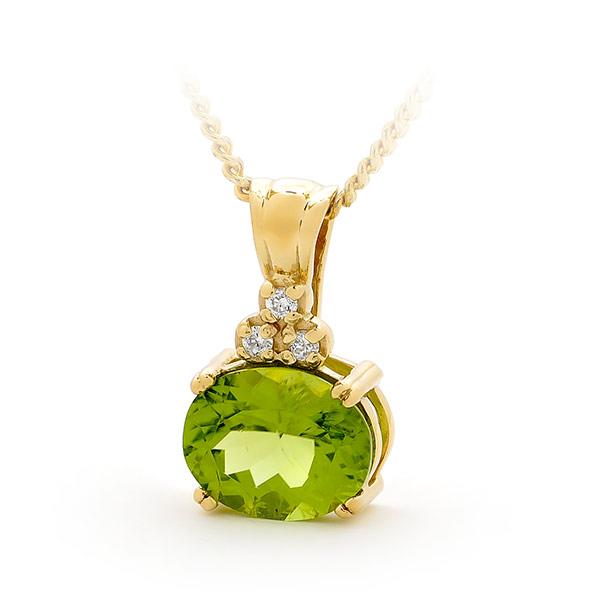 9ct Yellow Gold Oval Peridot (10x8mm) and Diamond Pendant. Display chain included