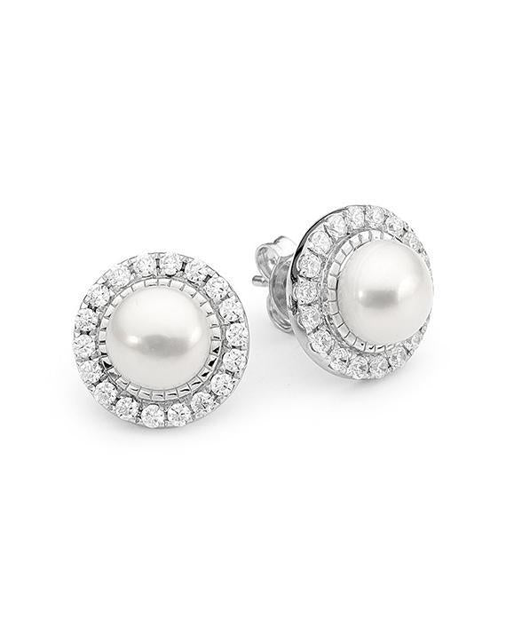 'Ikecho' Sterling Silver Halo customizable (takes 7mm button pearl) Stud Earrings set with Cubic Zirconia