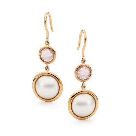 9ct Rose Gold 10mm Round Mabe Pearl & 6mm Rose Quartz Hook Earrings