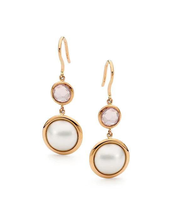 9ct Rose Gold 10mm Round Mabe Pearl & 6mm Rose Quartz Hook Earrings
