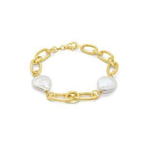 Gold plated matt finish bracelet with 2 x Freshwater biwa Pearls, length 20cm (matching necklace also available)