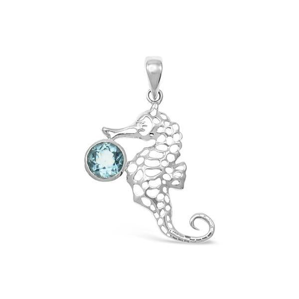Sterling Silver Filigree Seahorse Pendant with Bezel Set Blue Topaz