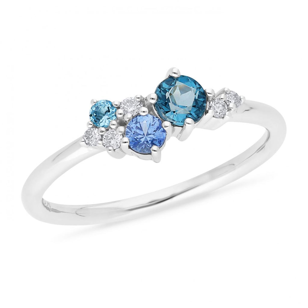 9ct White Gold Ceylon Sapphire, London and Light Blue Topaz And Diamond Ring