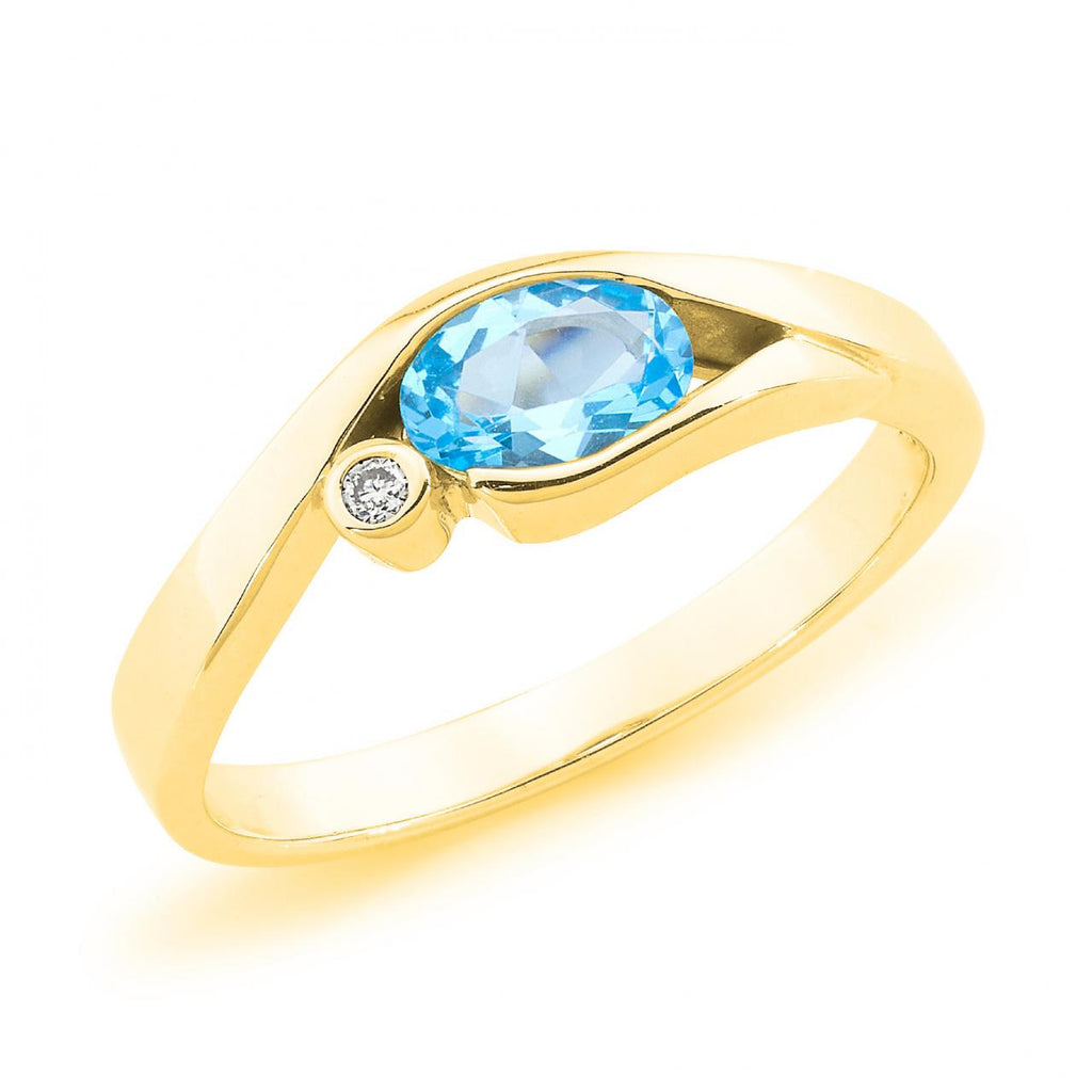 9ct Yellow Gold Oval Blue Topaz and Diamond Ring